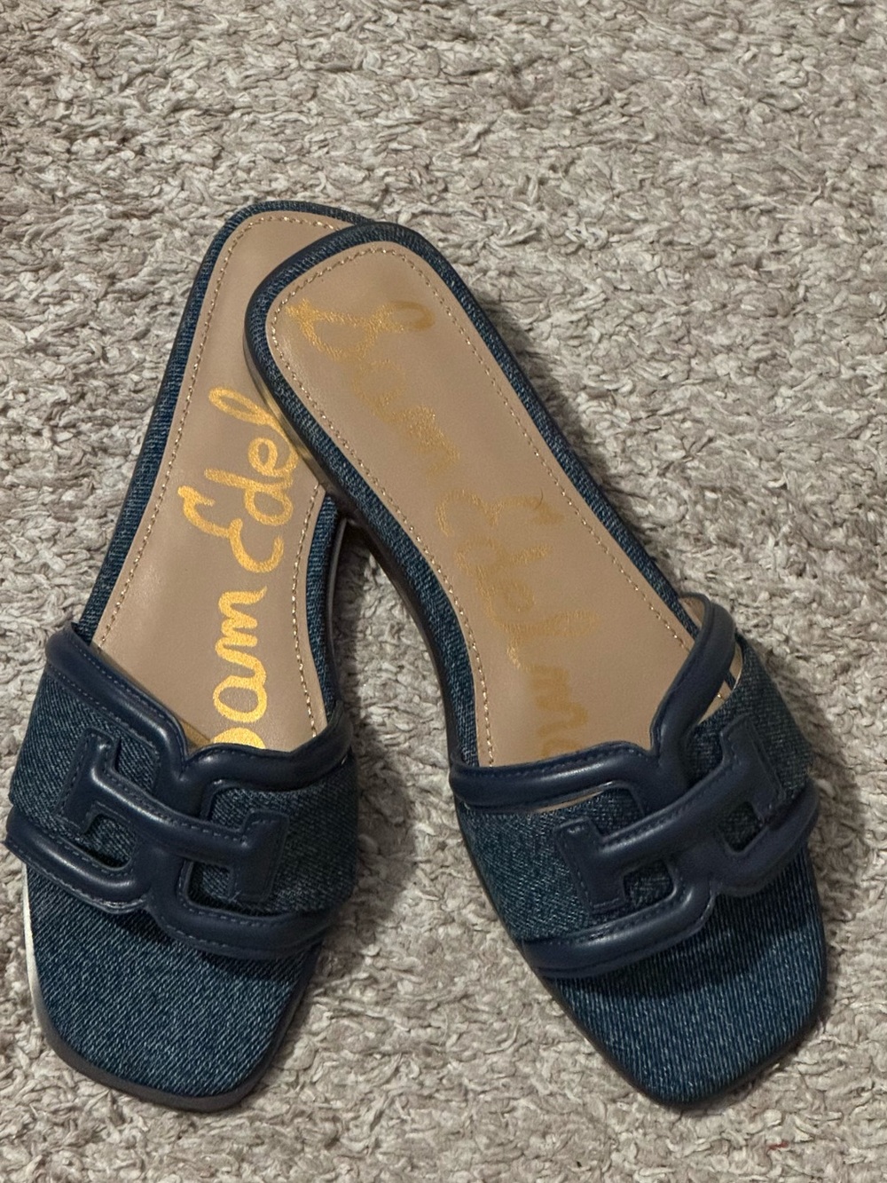 Ina Navy Denim Slide Mules with Interlocking Strap